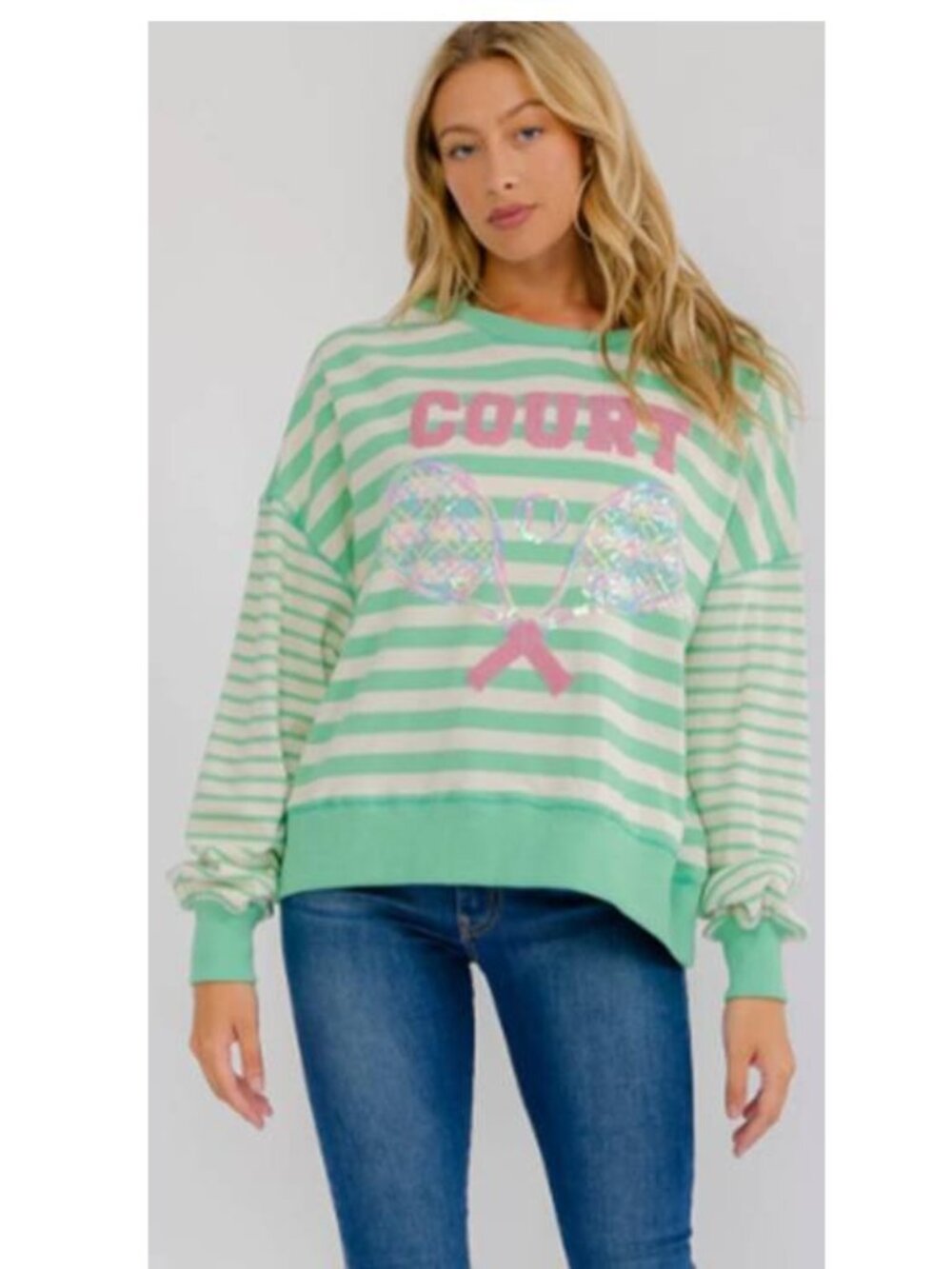 Women's Tennis Racket Sequins Graphic Stripes Cotton Sweater Loose Fit Green